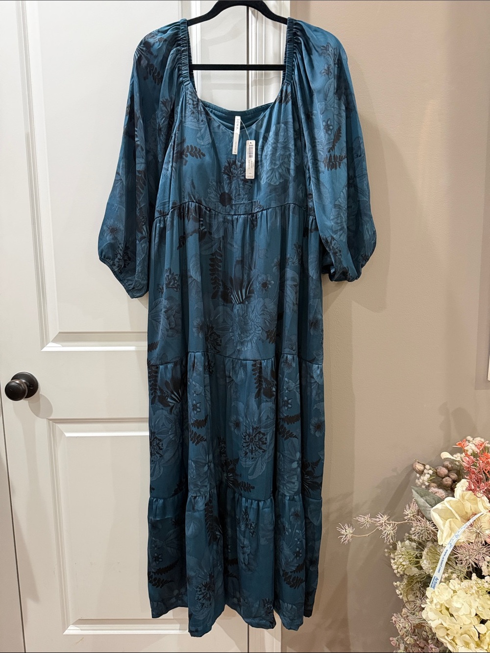 NWT Soma Teal Floral Tiered Maxi Dress with Built In Bra